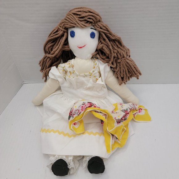 Folk Art Hand Made Rag Doll Yarn Hair Stitched Face Lace Floral Soft Plush - Picture 1 of 10